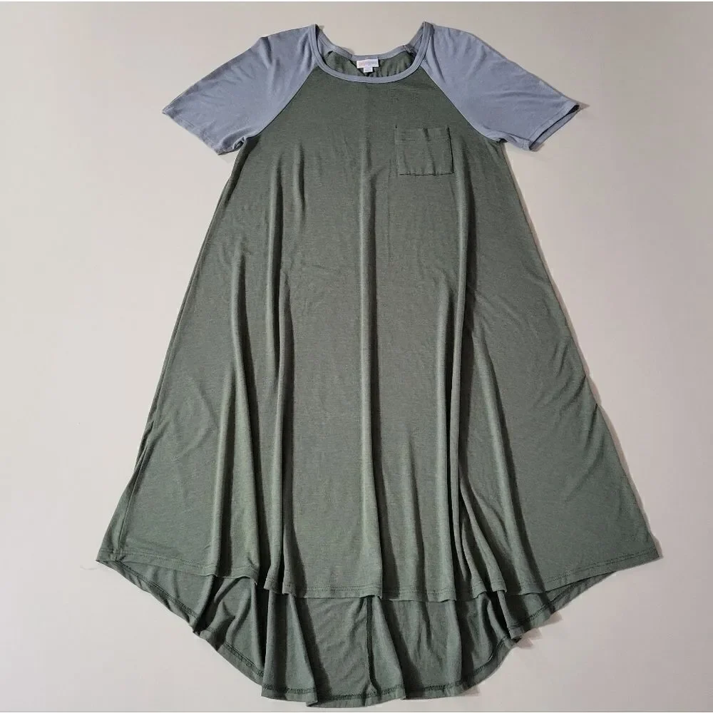 LuLaRoe Carly Green Swing Dress Scoop-neck Short Sleeve Hi-Low Hemline